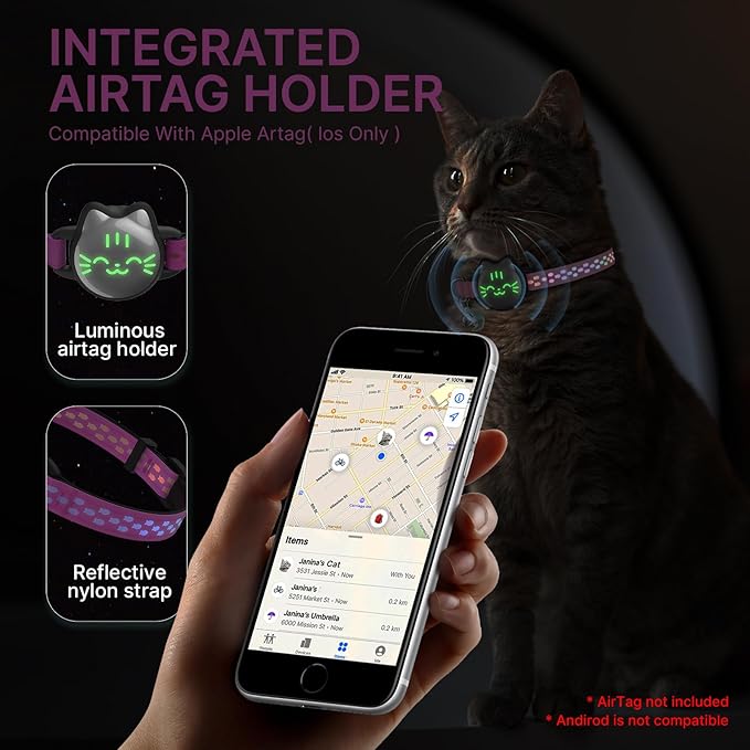 Waterproof Airtag Cat Collar, Breakaway Cat Airtag Collar with Luminous & Reflective Pattern Strap, Lightweight Kitten Collars for Apple Air tag, Hidden Holder for GPS Tracker - Cats, Kittens (9-13")