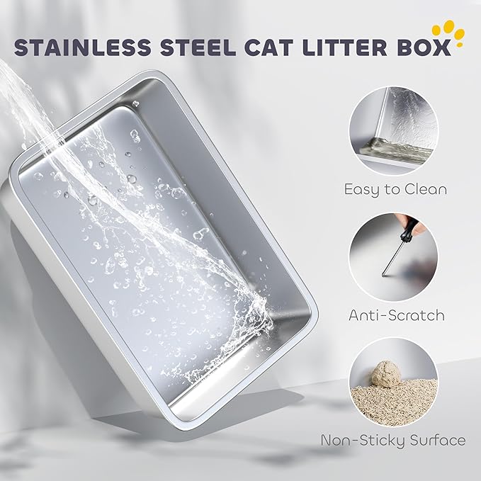 PawHut XL Stainless Steel Cat Litter Box with Lid, Extra Large Enclosed Metal Litter Box for Big Cats with Scoop, Flip Top, Easy Clean & No Odors, Non-Sticky
