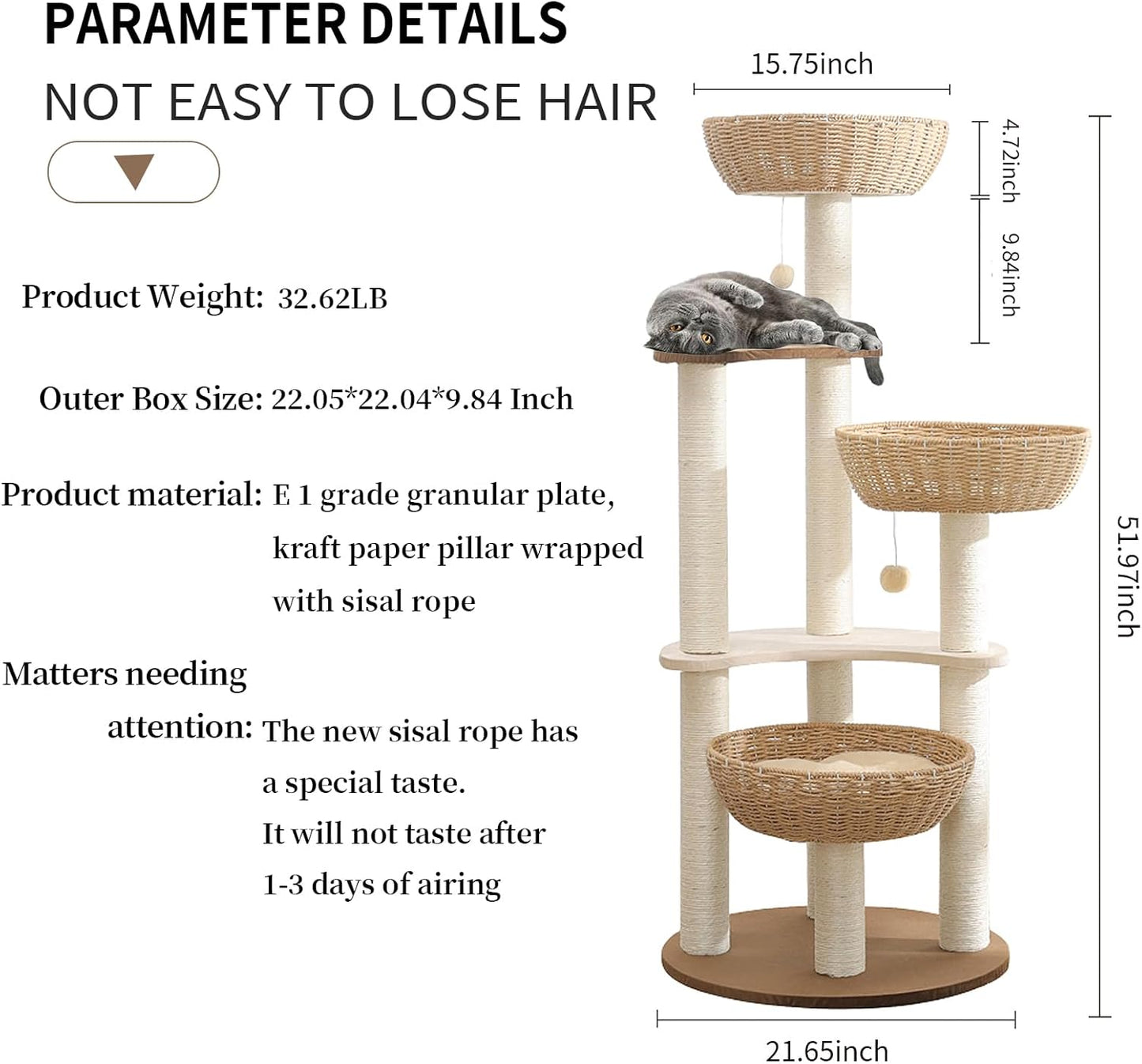 52" Modern Cat Tree Tower for Large Cats, 3Cat Nests Manual Hand Woven Multilevel Huge Paws Pals Cat Tree, Wood Cat Tower, Cat Scratching Tree, Cat Condo, Cat Lover Gift