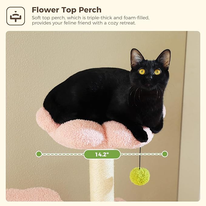 62" Cat Tree for Indoor Cats, Multi-Level Cat Tower for Large Cats with Scratching Posts, 2 Spacious Plush Condos, Padded Perch, Soft Cat Bed, Scratching Pad & 2 Pompoms, Pink