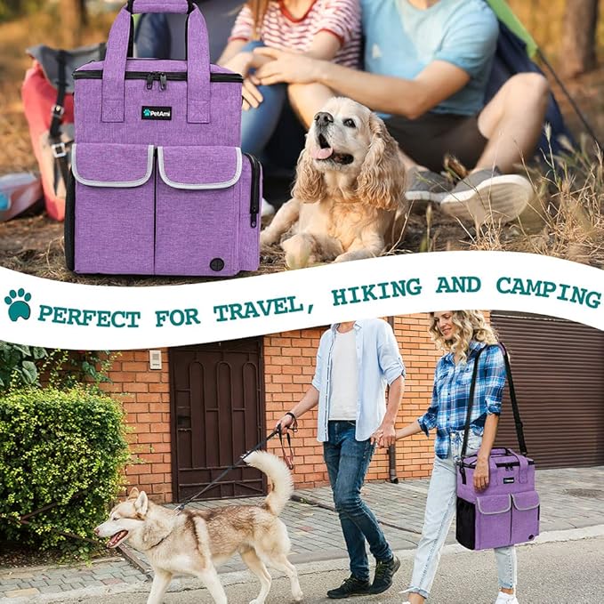 PetAmi Dog Travel Bag Pet Supplies Accessories Organizer for Traveling, Camping, Weekend; Cat Pet Travel Bag Kit Includes 2 Food Storage Containers, 2 Collapsible Bowls, 1 Feeding Mat (Purple)