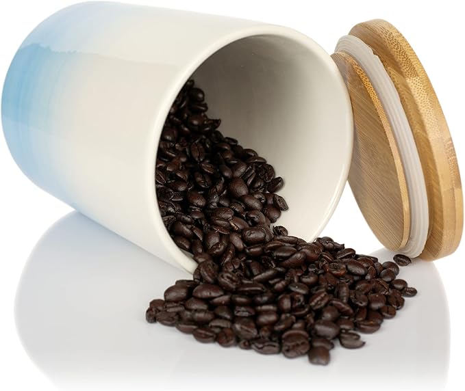 Arthausen Vintage Blue Ceramic Storage Jar Canister for Flour Sugar - Airtight Bamboo Lid w/Silicone Seal, Spoon - Modern Abstract Art Design for Kitchen Counter Bathroom - 4 cup / 1080mL