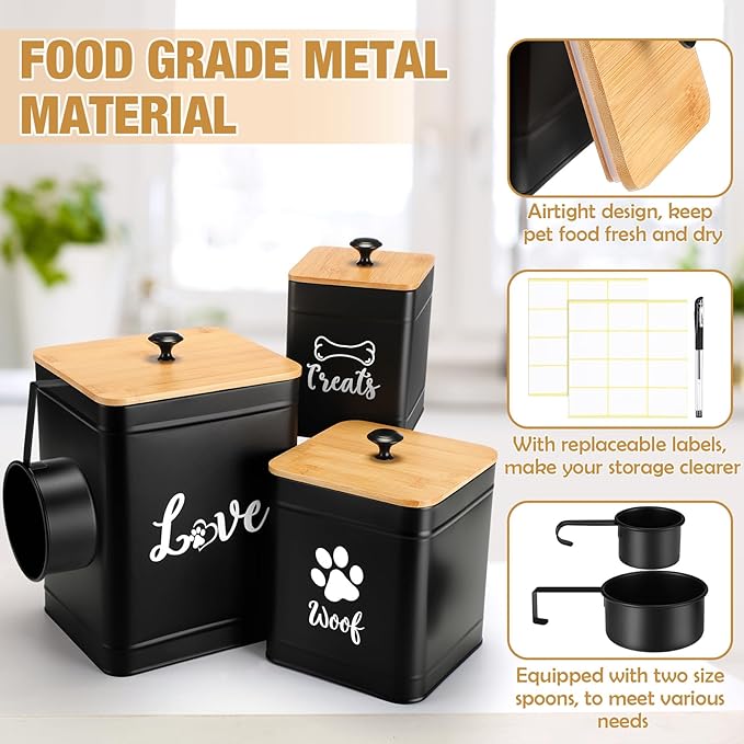Metal Dog Treat Containers Set of 3 with Bamboo Lids and Spoon Airtight 7+3+2 lbs Dog Food Snack Jars with DIY Labels Big Pet Cookie Storage Jar for Kitchen Counter(Black,Classic)