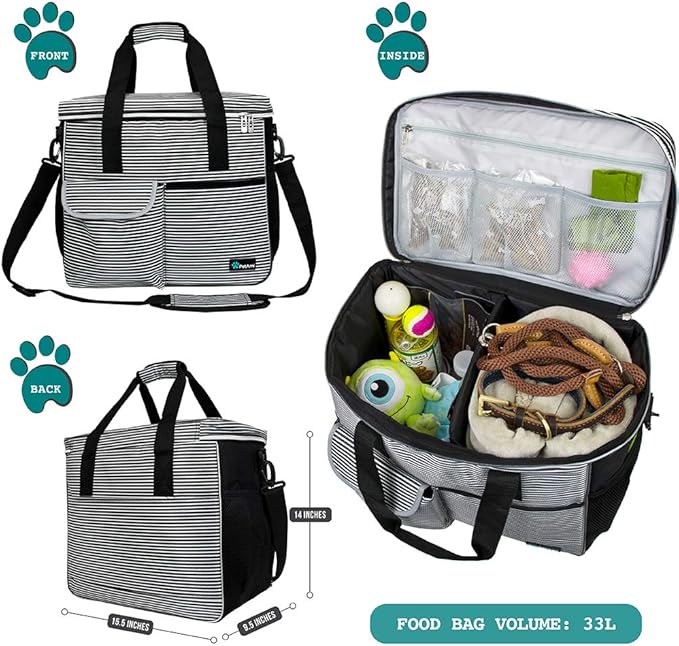 PetAmi Dog Travel Bag - Organizer with Food Container, Bowls & Accessories for Weekend Camping, Cat Diaper Bag (Stripe Black, Large)