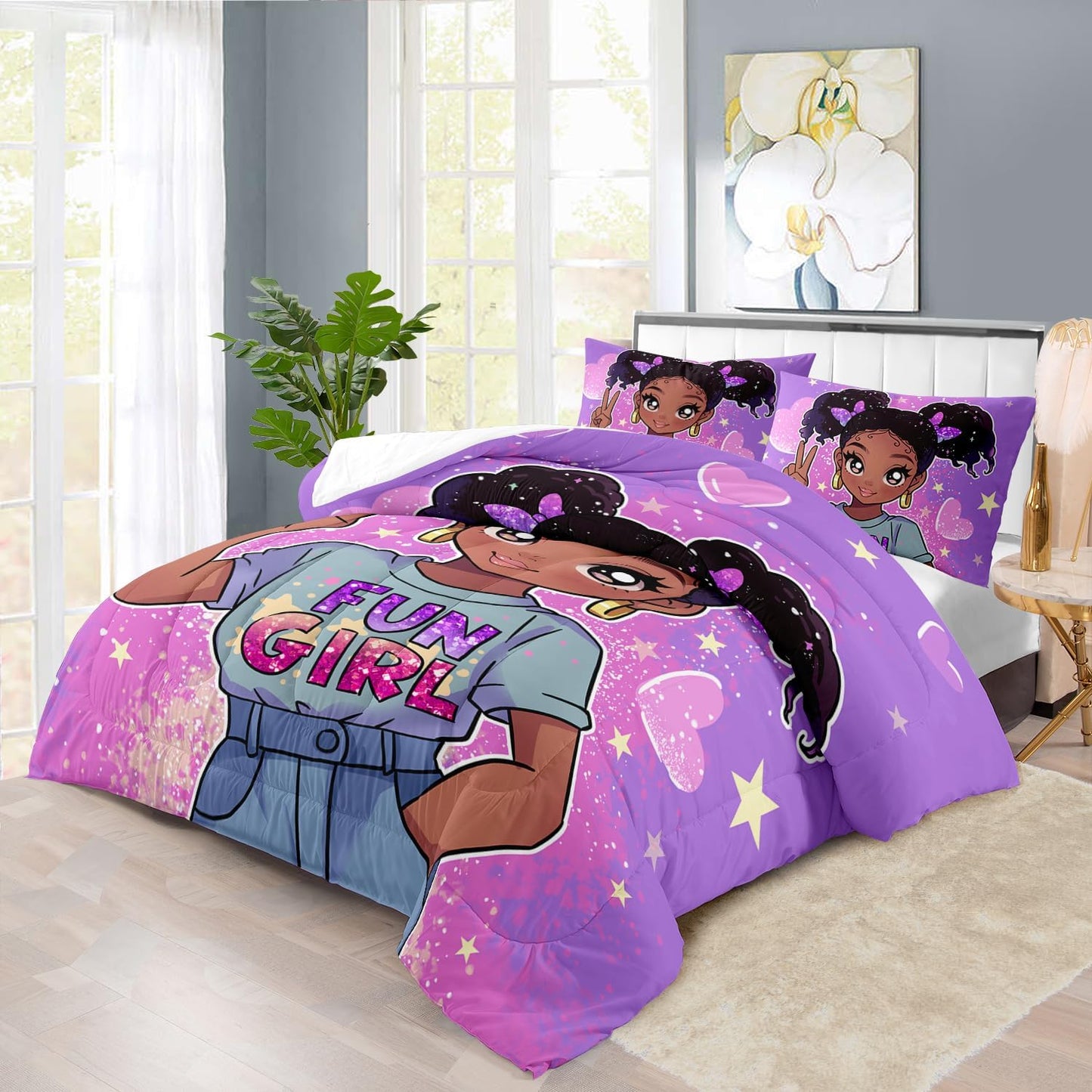 African American Black Girl Comforter Set Twin Size,Cute Black Girl Bedding Set Twin for Kids,Kawaii Heart Comforter Purple Bedding Decor for Teen,Purple Bed Quilt