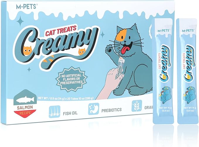 M-PETS Rich Salmon & Omega-3 Lickable Cat Treat – 20 Tubes of Healthy Squeeze Up Creamy Snacks with Functional Nutrients & Beta-Carotene for Immune, Skin & Coat Support – Grain Free, High Protein