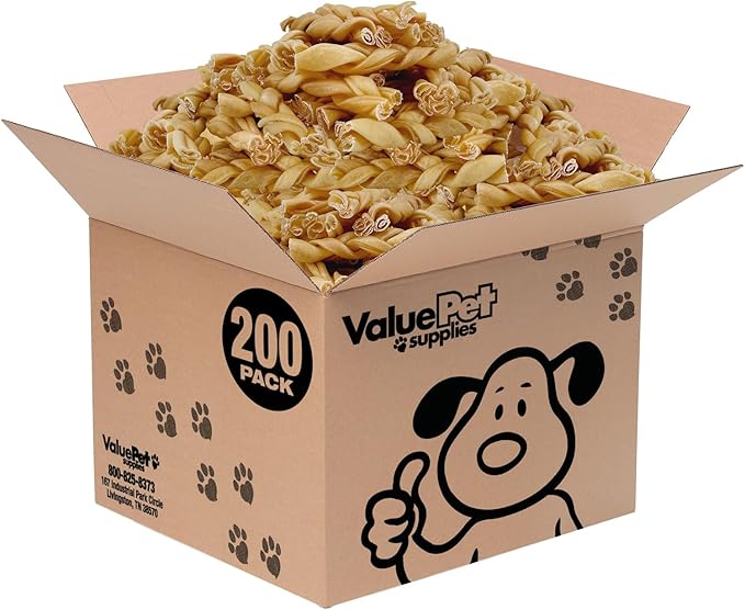 ValueBull Buffalo Collagen Braided Sticks for Large Dogs, 6 Inch Thick Chews, Natural Long-Lasting Dog Treats, 200 Count Wholesale Pack - Supports Joints, Skin & Coat with Chondroitin & Glucosamine