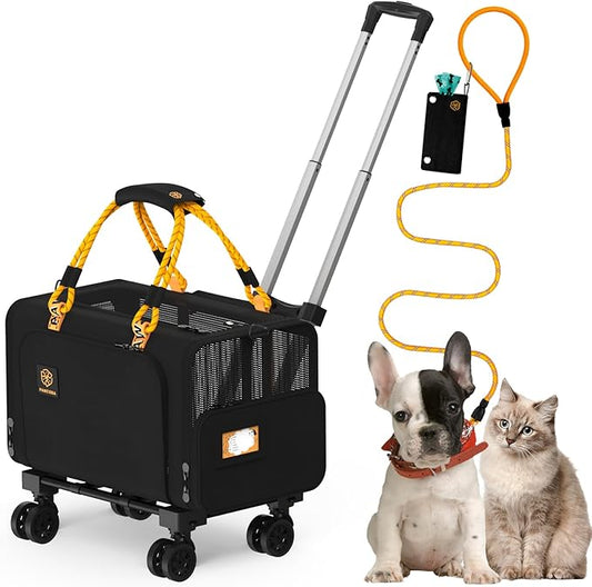 PAWZIDEA Pet Carrier with Wheels, 18x11x11 TSA Airline Approved Cat Carrier for 2 Cats Under Seat, Expandable Soft-Sided Rolling Dog Carriers for Small Dogs Travel Bag with Telescopic Handle, Black