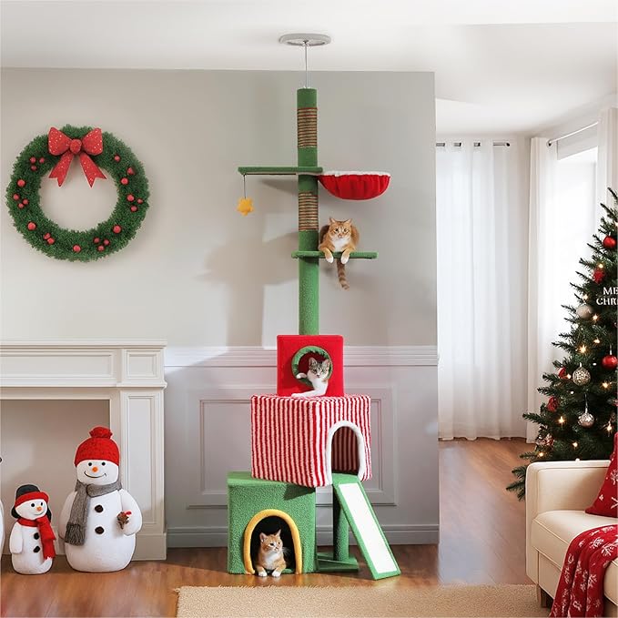 Christmas Cat Tree, Floor to Ceiling Tall Cat Tower (Adjustable Height 83"-108.7") with 3 Spacious Condos, Scratching Posts, Climbing Ladder, Hammock & Detachable Cat Toy for Indoor Cats