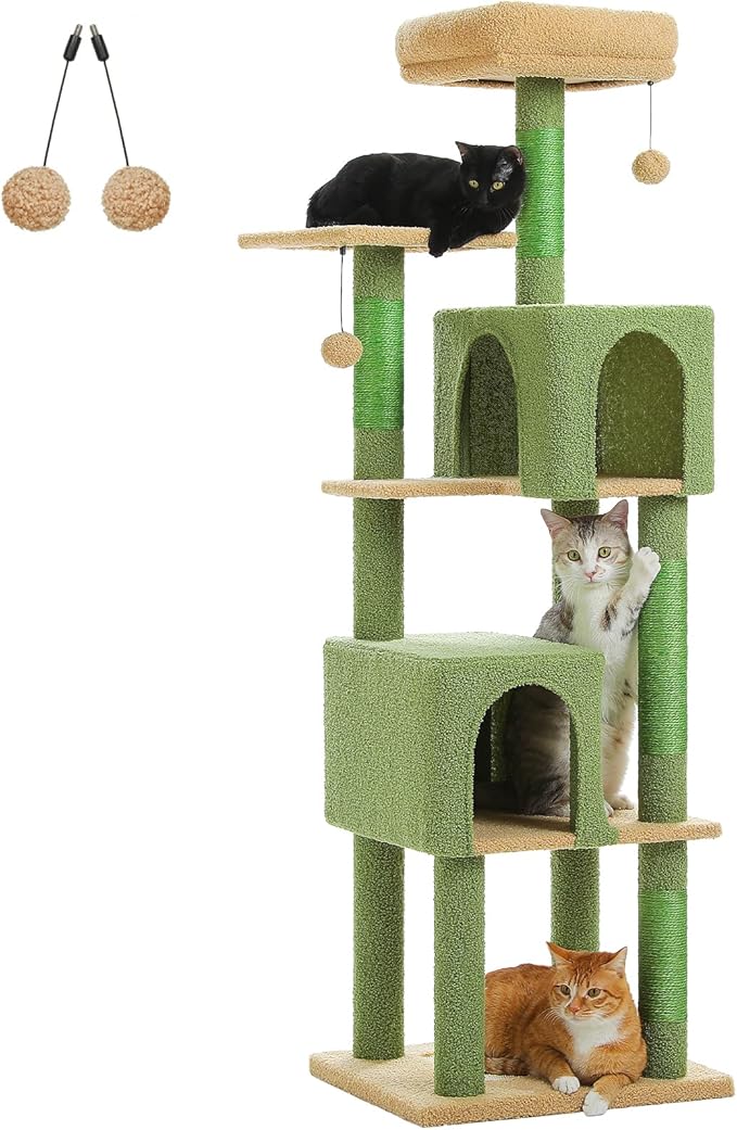 62" Cactus Cat Tree for Indoor Cats, Multi-Level Cat Tower with 2 Spacious Condos, Dual Top Perches, Scratching Pad, 4 Scratching Posts, 2 Pompoms, Green
