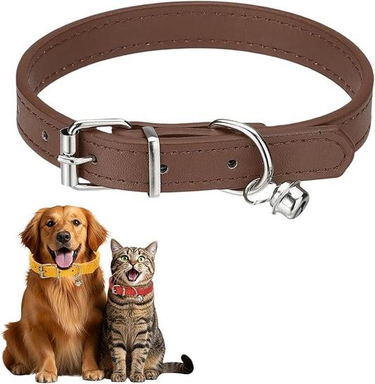 Dog Collar with Bell, Pu Leather Cat Collars Pet Basic Soft Padded Adjustable Buckle, 14.5" (Brown, 1 Pcs), Intended for Teacup/Little Dog/Kitten Cats/Small Animals
