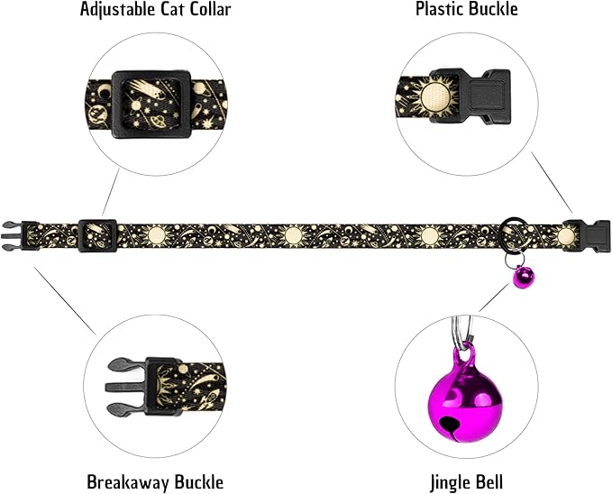 4PCS Breakaway Cat Collars with Bell - Cute Soft Adjustable Safety Kitten Collars 4-Pack - Nylon Pet Collars Nature Tribal Striped Floral Space Aztec Flowers Print (Nature)