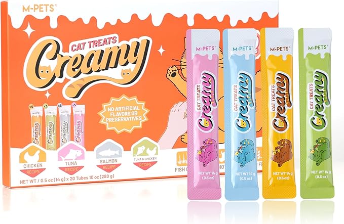 M-PETS Creamy Lickable Cat Treats – 4 Flavor Variety Pack, 20 Tubes of Healthy Squeeze Up Snacks with Functional Nutrients for Hydration, Skin & Coat, and Digestive Health – Grain Free, High Protein