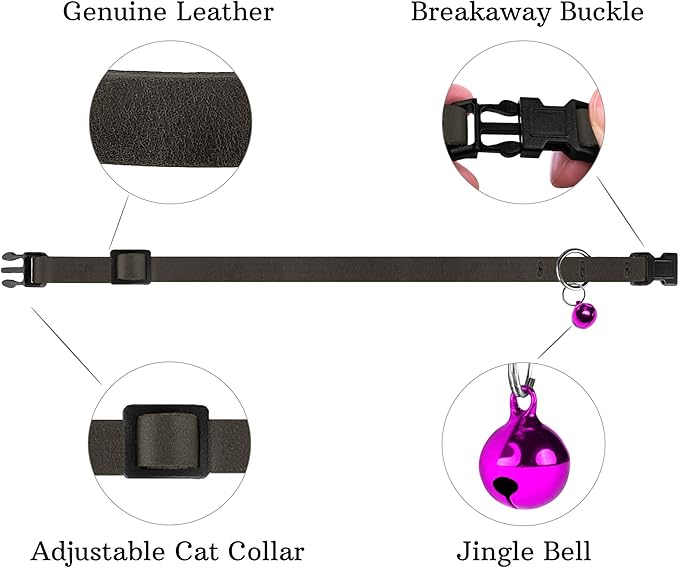 Breakaway Cat Collar Leather with Removable Bell - 13 Colors Available - Soft Adjustable Girl Boy Safety Lightweight Pet Kitten Collars Pink Brown Blue Green Red Orange Black (Graphite)