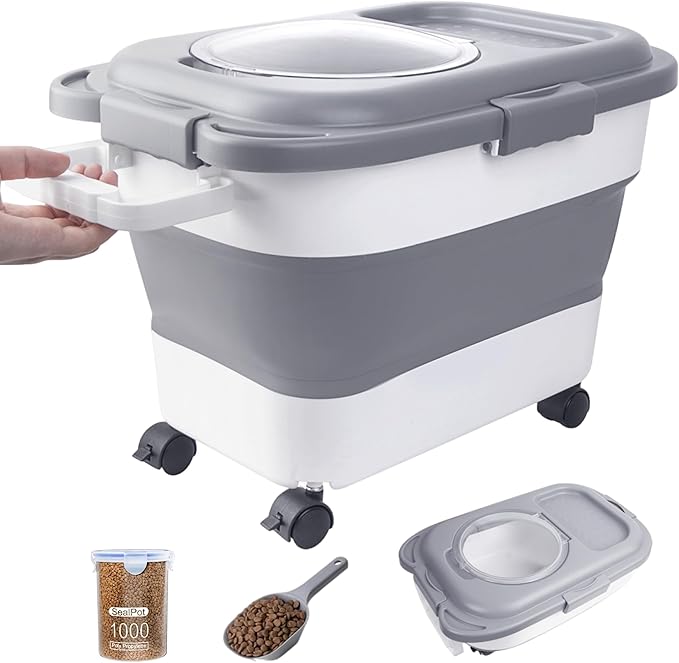 15-23 Lbs Dog Food Storage Container, Collapsible Dog Food Container with Airtight Lid, Wheels, Handle, Large Cat Food Storage Container with Scoop, Dog Bowl for Dog Cat