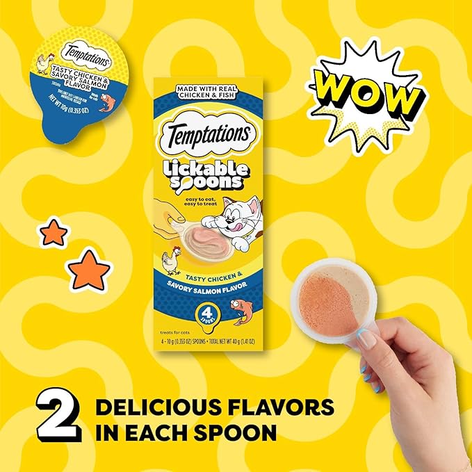 Temptations Lickable Spoons Adult Wet Cat Treat, Tasty Chicken and Savory Salmon Flavor, 4 Spoons, Pack of 12 (48 Total Treats)