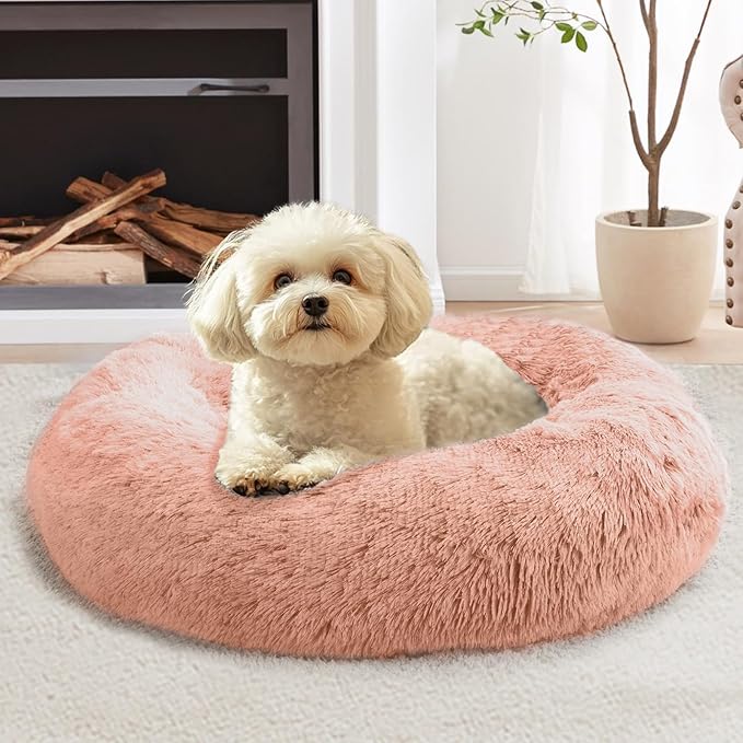 JOLLYVOGUE Small Dog & Cat Beds for Indoor Cats, Donut Cuddler Warming Soft Dog Beds with Anti-Slip Bottom, Round Calming Fluffy Plush Faux Fur Cushion Bed for Small Dogs (23", Peach Pink)