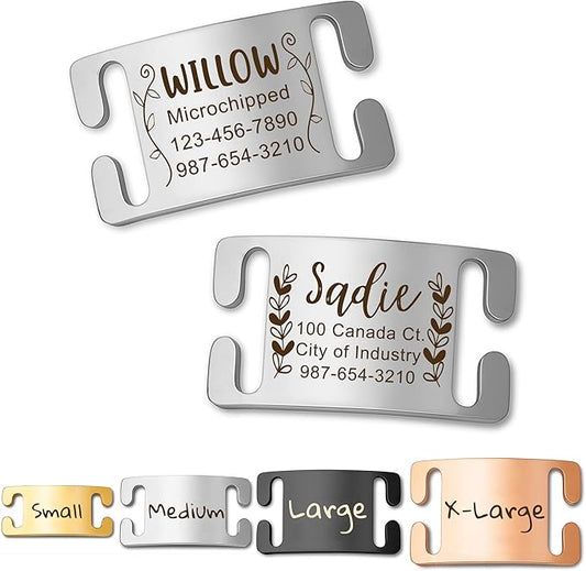 Anavia Slide On Silent Pet ID Tags, Fun Wild Flower Frame Design Personalized Engraved Plated Stainless Steel Cat Dog Name Tags, Glossy Customized Chew-Proof Quiet Dog Collar Tags (Large, Silver)
