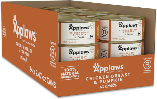Applaws Natural Wet Cat Food, 24 Count, Limited Ingredient Canned Wet Cat Food, Chicken with Pumpkin in Broth, 2.47oz Cans