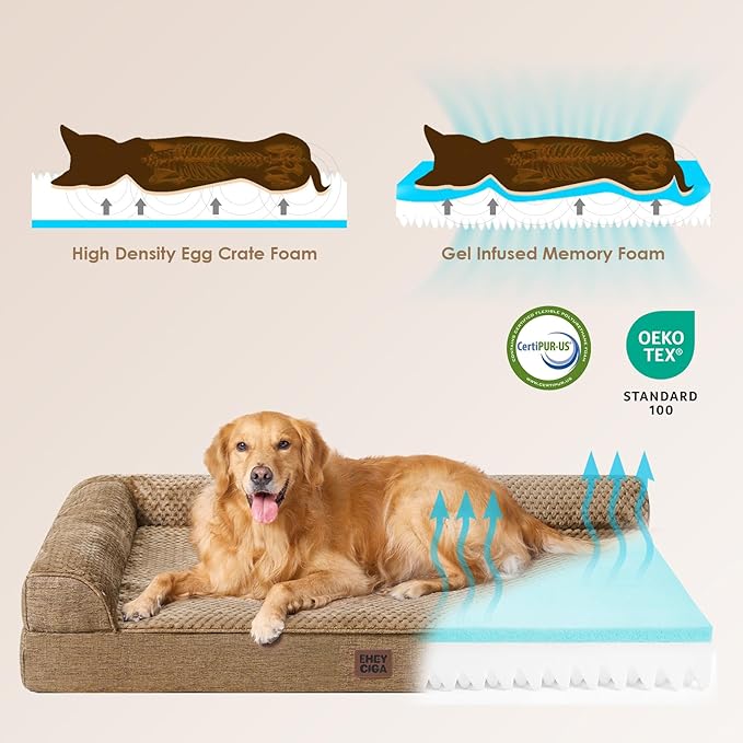 EHEYCIGA Memory Foam Dog Bed XLarge Sized Dogs, Extra Large Dog Bed Orthopedic with Washable Removable Cover, Waterproof XL Pet Bed Couch, 44x33x6 Inches, Camel