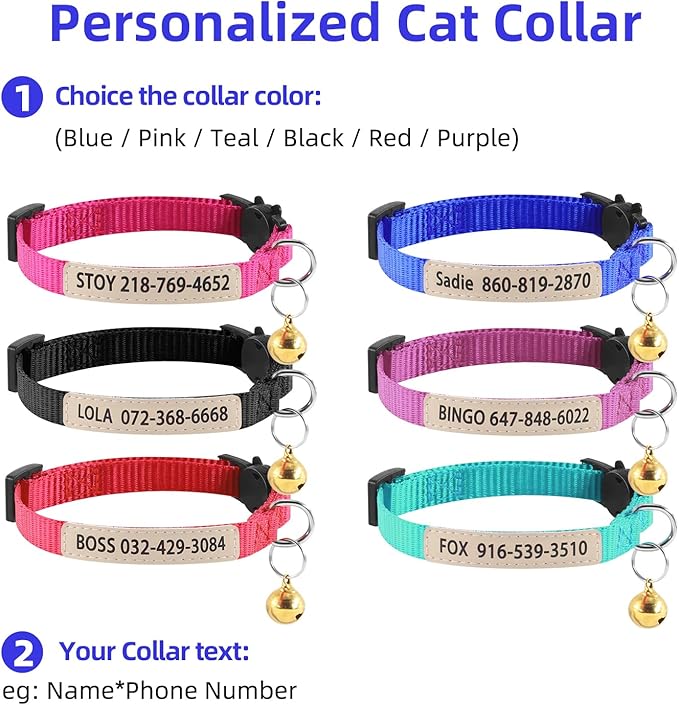 Personalized Nylon Cat Collar with Name and Phone Number, Custom UV Printed Breakaway Adjustable Collar with Bell for Cats