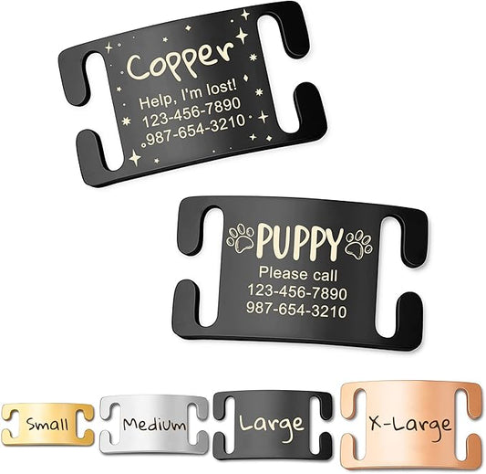 Anavia Slide On Silent Pet ID Tags, Fun Wild Flower Frame Design Personalized Engraved Plated Stainless Steel Cat Dog Name Tags, Glossy Customized Chew-Proof Quiet Dog Collar Tags (Large, Black)