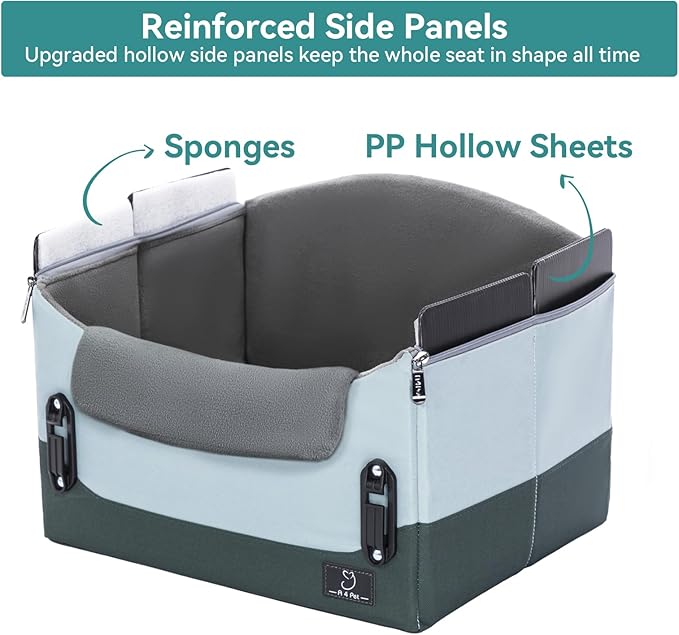 A 4 Pet Dog Car Seats for Small Dogs, Booster Car Seat with Patent Buckles & Clip-On Safety Leash, Pet Seat for Puppy Small Dogs Cats Under 25 Lbs, Green