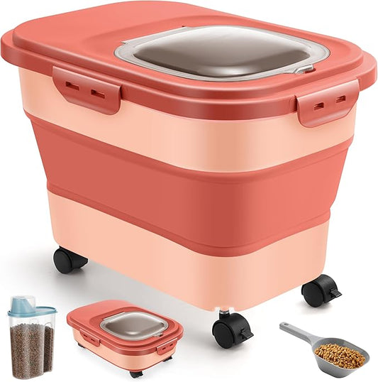 ANVS Dog Food Storage Container - Up to 20lbs Collapsible Dog Food Container with Casters, Scoop and 2.5L Small Pet Food Container to Keep Dry Pet Food Fresh (Pink)