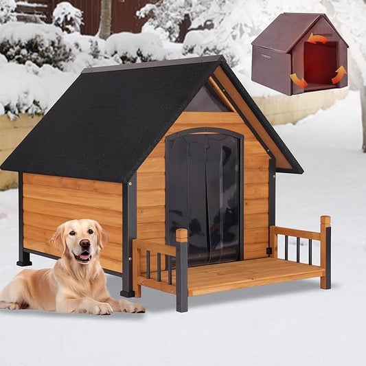 Large Outdoor Dog House Insulated, Weatherproof Dog Kennel with Porch, Anti-Chewing Metal Frame, for Medium to Large Breed
