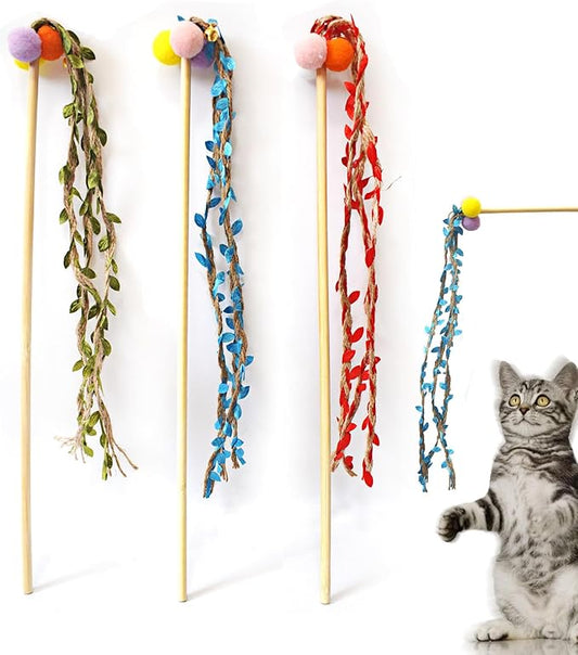 IUHKBH Cat Wand, 3 PCS Soft Wicker Teaser Interactive Kitten Kitty Toy Wooden Hand Cat Stick Toy for Indoor Cats