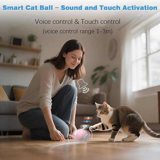 Cat Toys Interactive for Indoor Cats, Touch & Sound Smart Control - Fast slow 2 Speed Motion Activated Cat Ball Toy for Bored Cats With LED Lights, Feathers Tail, USB Charging Cable, 6in1 - Pink