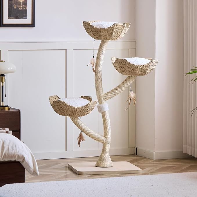 52” Tall Modern Cat Tree Tower for Large Cats| Cat Scratching Posts with Hand Woven Baskets and Mats| Luxury Cat Condo for Multiple Cats | Cat Furniture for Gifts （52” Natural）