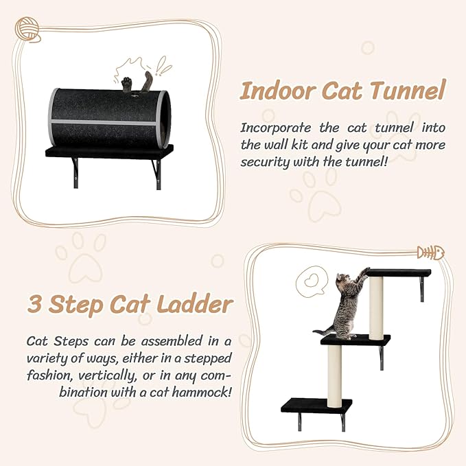 NUNU LAB 14-in-1 Cat Wall Shelves Set, Wall-Mounted Cat Climber with Bridge, Tunnel, House, Scratcher, Steps, Indoor Space-Saving Furniture for Kittens Play, Black