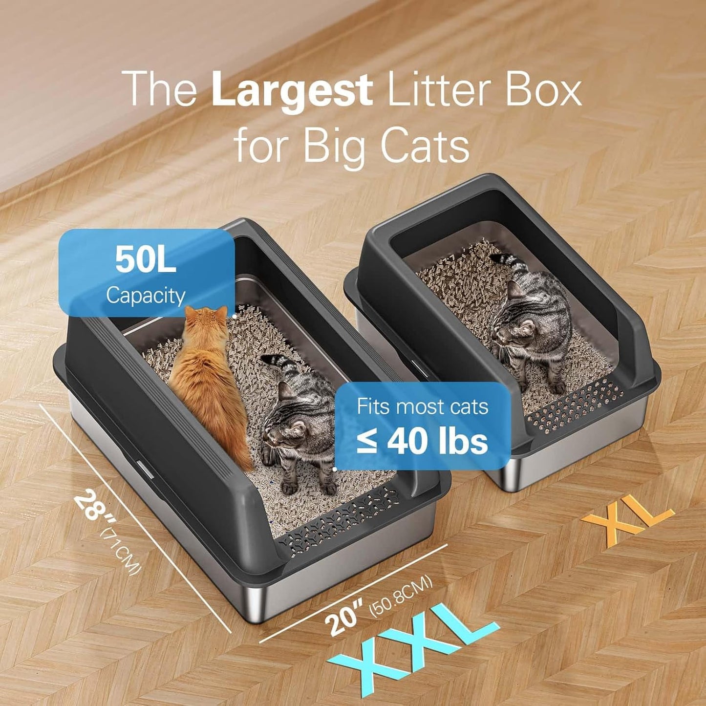 Zarler XXL Stainless Steel Litter Box, Extra Large Cat Litter Boxes 27.8" L x 20" W x 12.9" H, Jumbo Metal Litter Box with Lid for Multiple Cats, High Sided, Non-Sticky, Anti-Urine Leakage (Black)