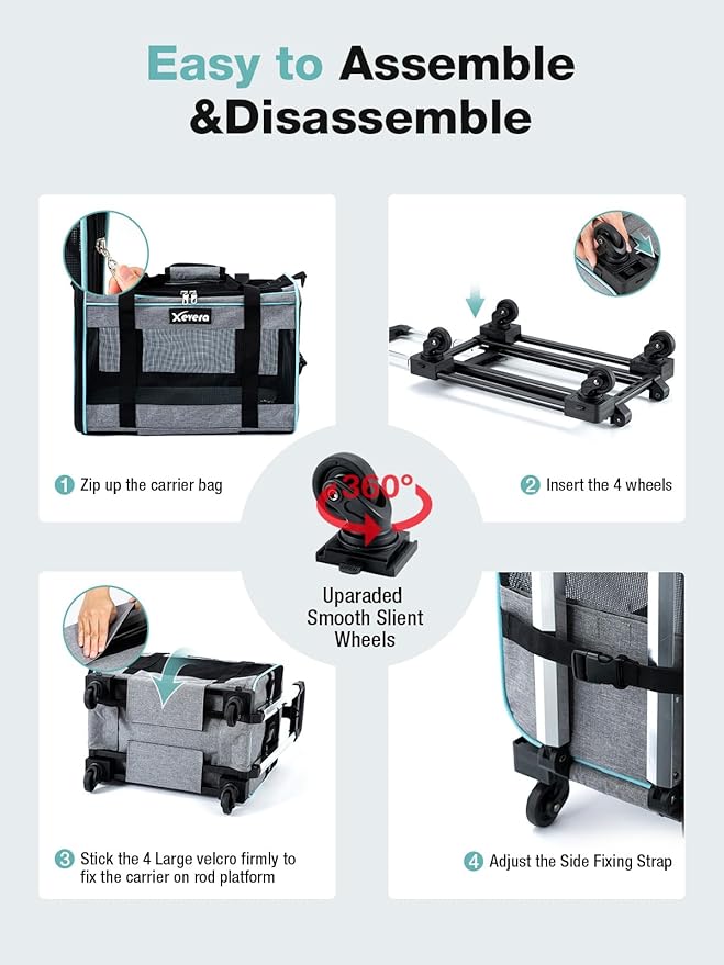 Dog Cat Carrier with Wheels, Airline Approved Pet Carrier for Cats Dogs 15lbs 20 lbs with Double-Sided Mat, Safety Leash and Shoulder Strap, Grey