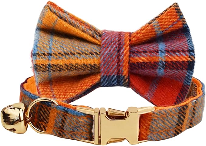 Plaid Polyester Personalized Cat Collar with Name & Owner Phone, Customizable Laser-Engraved, Charming Bell, Metal Buckle for Kittens and Cats - Matching Leash Available (Style-D)