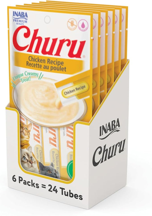 INABA Churu Cat Treats, Grain-Free, Lickable, Squeezable Creamy Purée Cat Treat/Topper with Vitamin E & Taurine, 0.5 Ounces Each Tube, 24 Tubes (4 per Pack), Chicken Recipe
