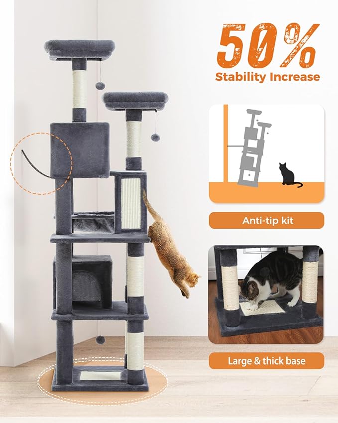Cat Tree, 70.9-inch Large Cat Tower with 2 Condos, 2 Top Perches, Hammock & 6 Scratching Posts for Indoor Cats, Dark Gray