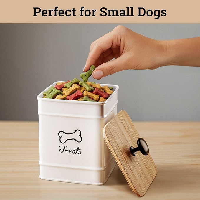 Dog Treat Container Airtight - 5 Inch Wide x 7 Inch Tall Iron Dog Treat Jar for Kitchen Counter with Airtight Bamboo Lid - 7 Cup Capacity Pet Treat Container - Doggie Cookie Jar - Big Treats Canister