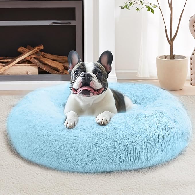 JOLLYVOGUE Small Dog & Cat Beds for Indoor Cats, Donut Cuddler Warming Soft Dog Beds with Anti-Slip Bottom, Round Calming Fluffy Plush Faux Fur Cushion Bed for Small Dogs (20", Light Blue)