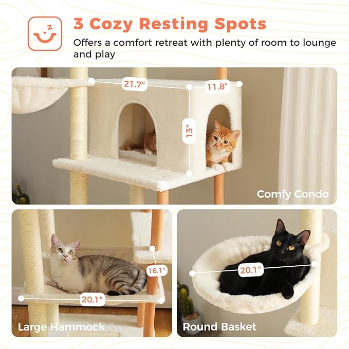 73" Tall Cat Tree for Large Cats, Wooden Cat Tower with Fully Sisal Covered Scratching Posts and Solid Wood Posts, Modern Cat Furniture with 2 Spacious Perch and Cozy Condo Beige
