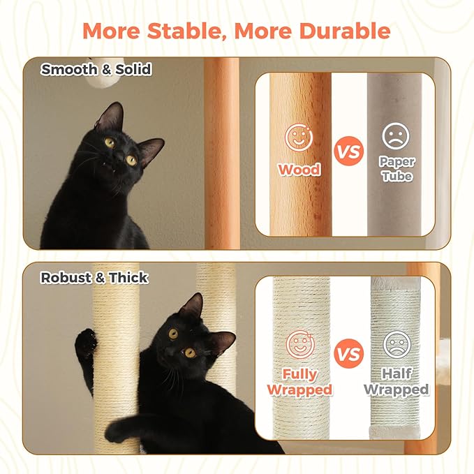 73" Tall Cat Tree for Large Cats, Wooden Cat Tower with Fully Sisal Covered Scratching Posts and Solid Wood Posts, Modern Cat Furniture with 2 Spacious Perch and Cozy Condo Beige