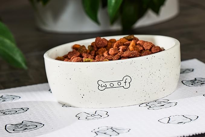 Pearhead Ceramic Woof Dog Bowl, Holds 3 Cups, Stoneware Food and Water Dish, Pet Feeding, Microwave and Dishwasher Safe, Medium