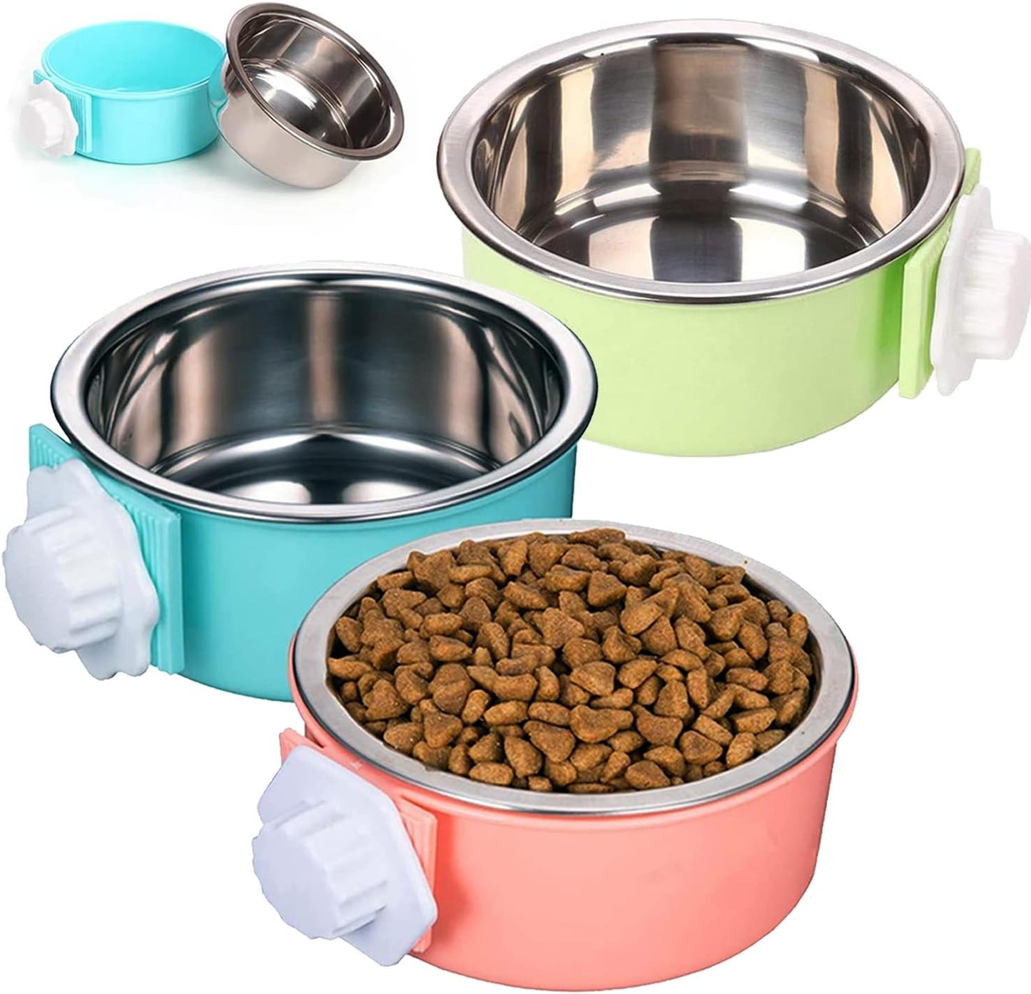 HERCOCCI Dog Crate Bowl, Removable Stainless Steel Pet Kennel Cage Hanging Food Bowls and Water Feeder Coop Cup Prevent Overflow for Puppy, Medium Dog, Cat, Rabbit, Ferret (3PCS)
