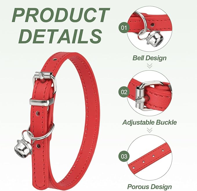 Dog Collar with Bell, Pu Leather Cat Collars Pet Basic Soft Padded Adjustable Buckle, 12" (Red, 1 Pcs), Intended for Teacup/Little Dog/Kitten Cats/Small Animals