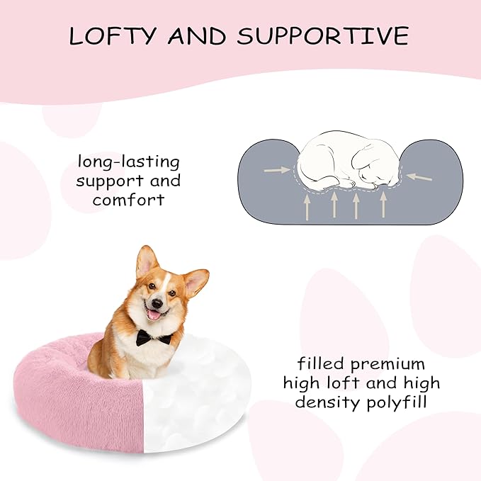 30'' inch Calming Dog Bed, Anti-Anxiety Donut Small Medium Dog Bed, Warming Cozy Soft Cute Round Washable, Marshmallow Cuddler Nest Puppy Dogs and Cats Bed, Pink