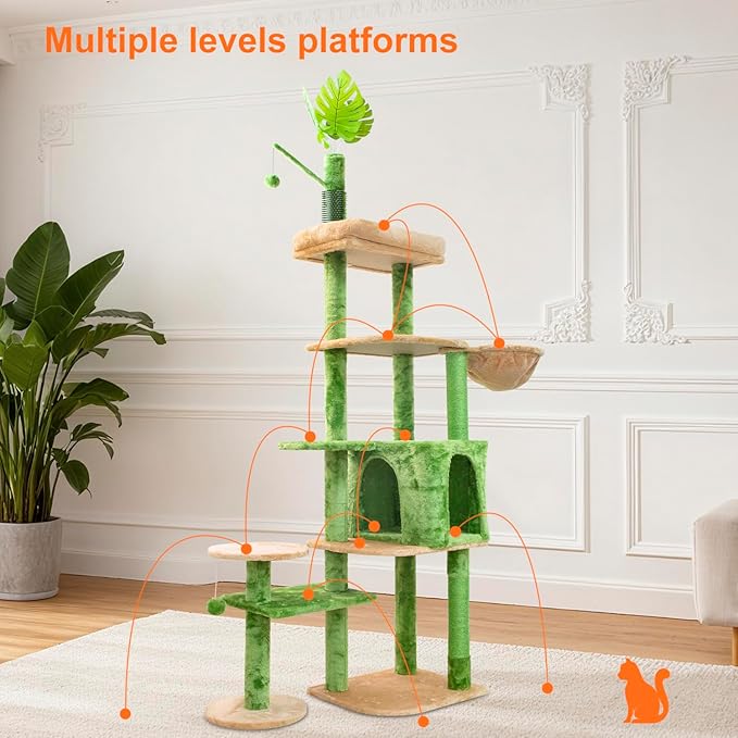 Cat Tree 78in Cat Tree Tower for Indoor Cats Plush Multi-Level Activity Center with Cave Baskets Scratching Posts Green (Green, 78")