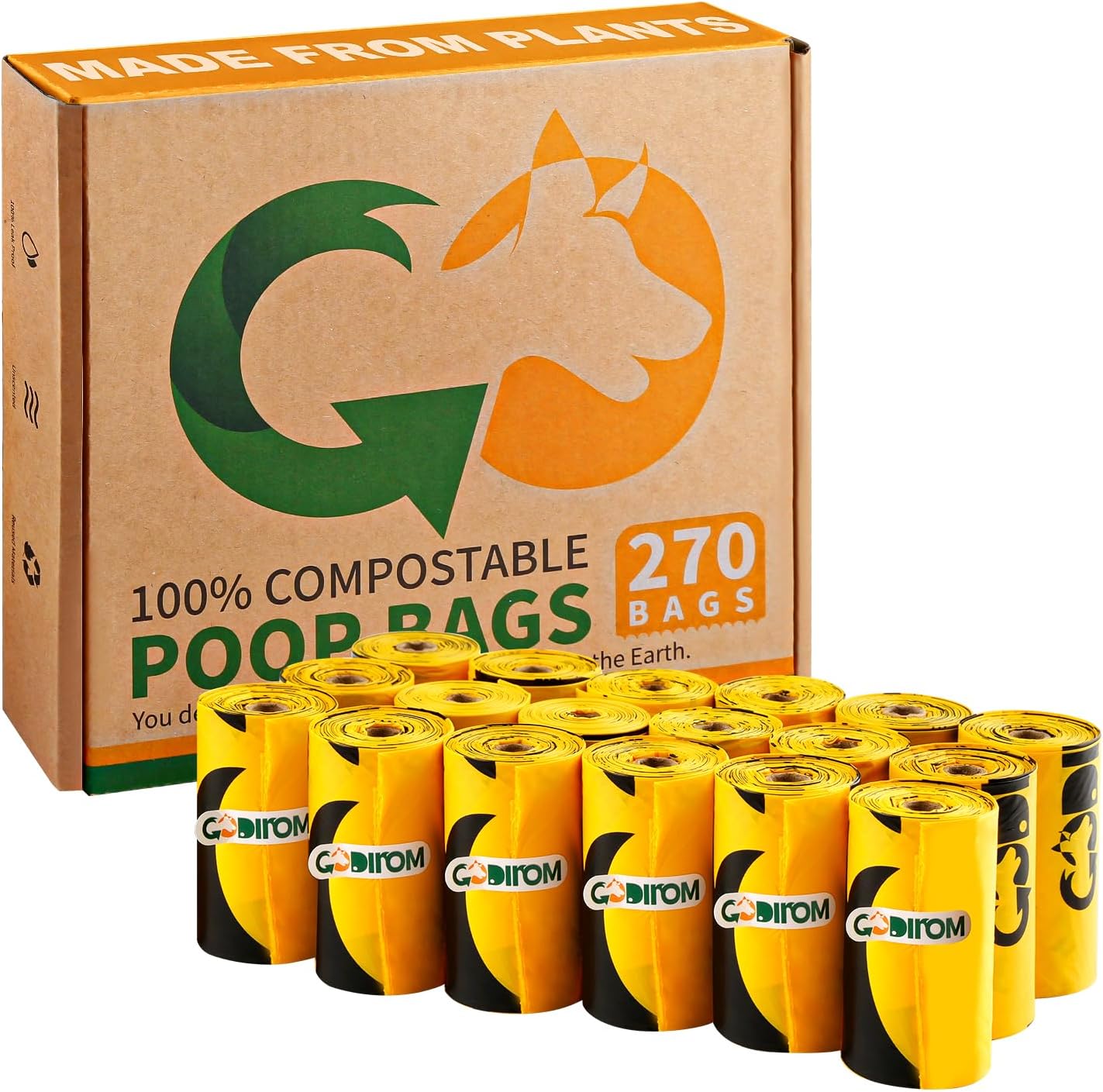 Certified 100% Compostable Poop Bags for Dogs, 270 Count Guaranteed Leak Proof and 18 Microns Extra Thick Dog Waste Bag, 18 Rolls of Plant Based Doggie Poop Bag, No Scented with ASTM D6400 & EN13432