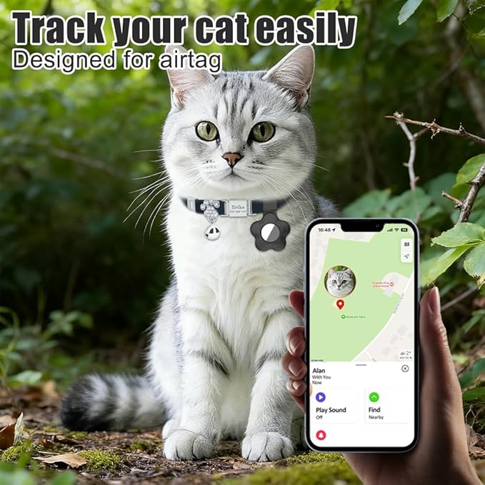 Personalized Safety Elastic Cat Collars with Bell Soft Silicone Cover for Air Tag,Laser Customized Stretch Kitten Collars for Girls Boys Cats (Black)