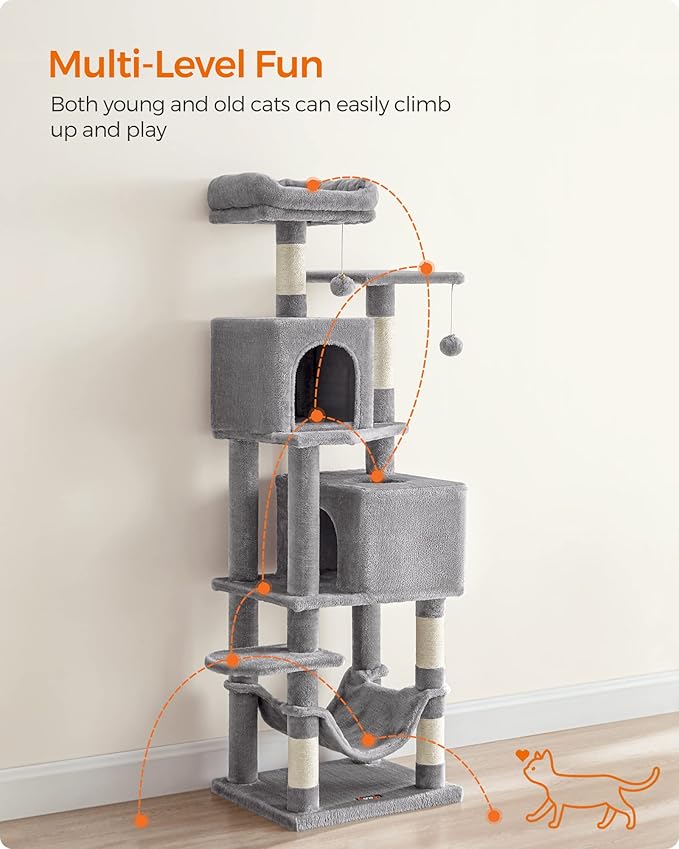 Feandrea Cat Tree, 61-Inch Cat Tower for Indoor Cats, Plush Multi-Level Cat Condo with 5 Scratching Posts, 2 Perches, 2 Caves, Hammock, 2 Pompoms, Light Gray UPCT192W01